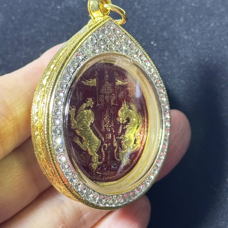 Luang Pu Wichit · Twin Tiger Coin (Rian Suea Khu) · Sao 5 Kru Baramee · Enamel Brass · Wat Khao Nangnom B.E. 2567 · Italian Gold-Plated Case with Rhinestone Bezel · One-of-a-Kind 7
