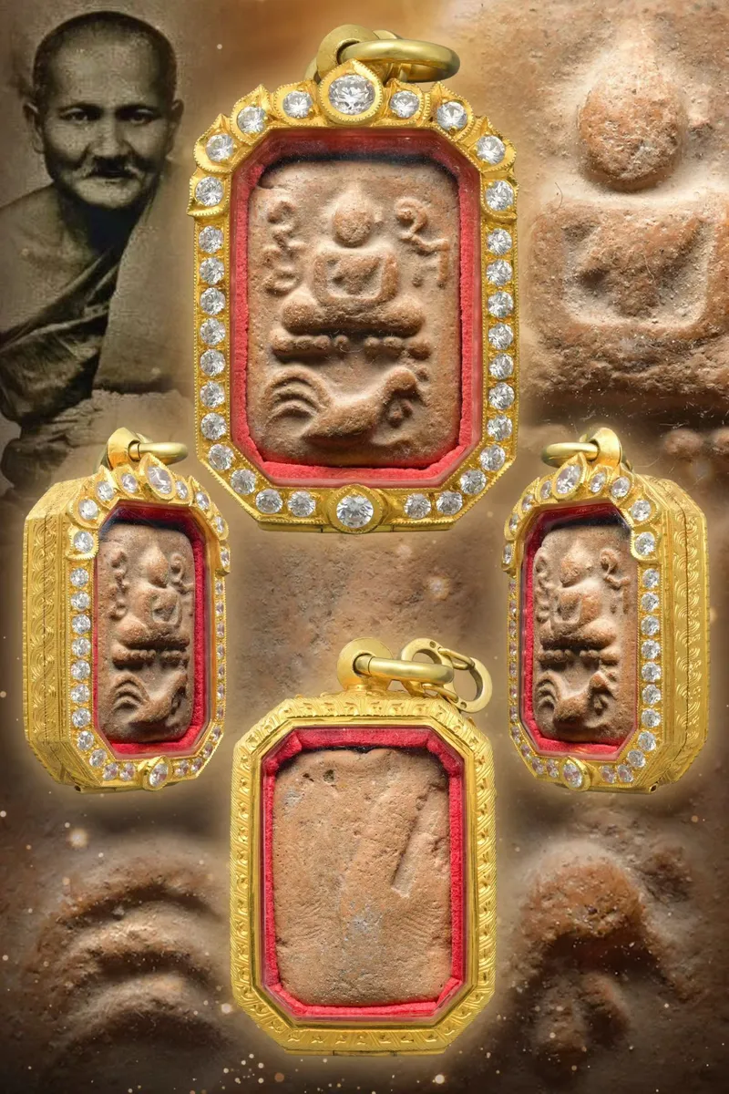 Luang Phor Parn · Buddha on Rooster (Phra Khi Kai) · Three-Tail Mold · Wat Bang Nom Kho c. B.E. 2460 — Association Certified No. 03893, Gold Case 5