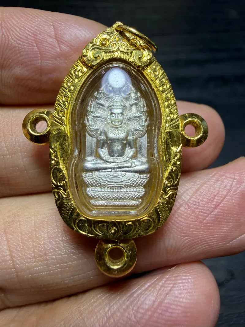 Luang Pu Ram · Naga Prok Bai Makham, Setthi Batch · Silver · Three-Loop Gold-Tone Case · Wat Wang Ngoen, Sukhothai B.E. 2560 — Certified CO03471 1