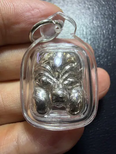 Ajarn Prasut · Phran Boon Mask Amulet · Silver-Plated with Gold Takrut · No. 151 · Wat Nai Tao, Trang B.E. 2558 — Certified KR03926