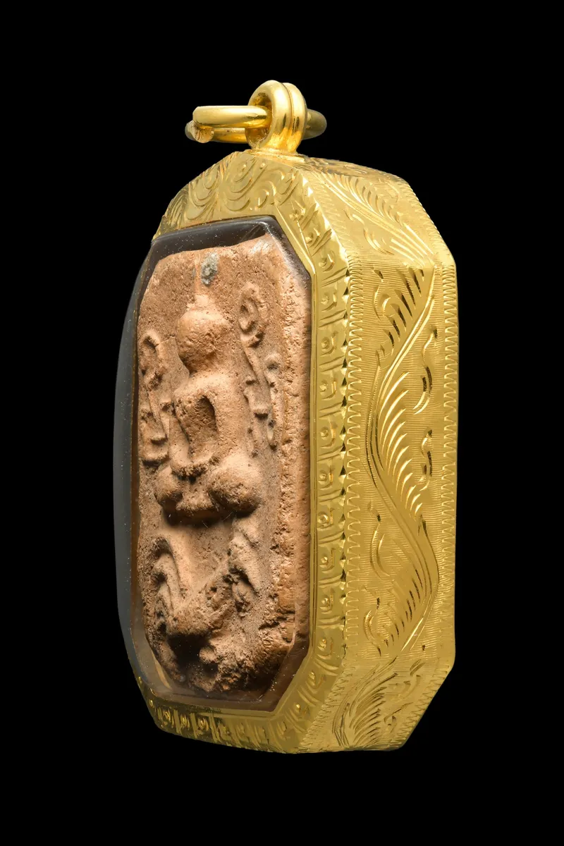 Luang Phor Parn · Five-Tail Rooster Mold Animal-Mount Buddha · Baked Clay · Wat Bang Nom Kho B.E. 2460 — Certified GJ09-0A6BF, Gold Case 3