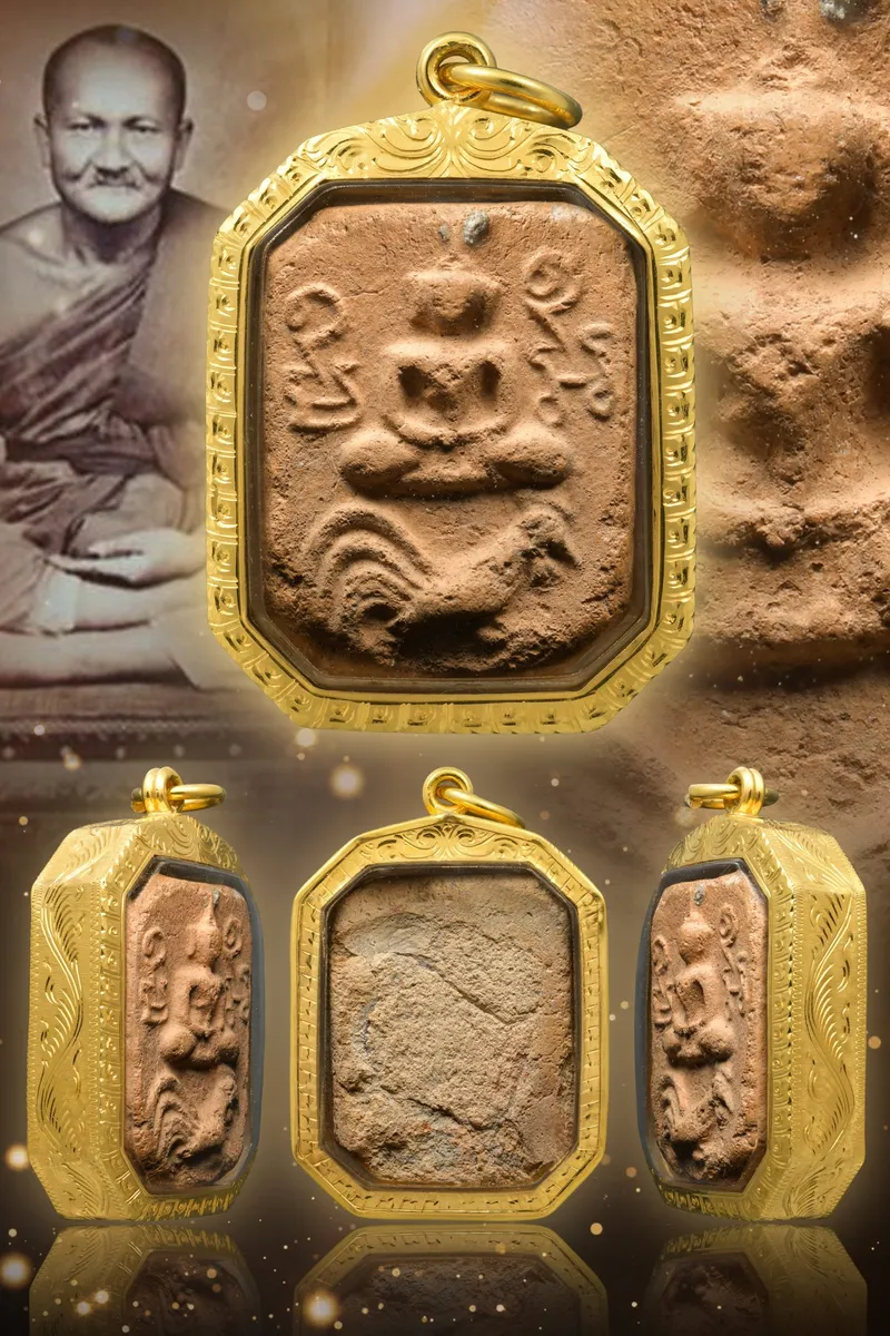 Luang Phor Parn · Five-Tail Rooster Mold Animal-Mount Buddha · Baked Clay · Wat Bang Nom Kho B.E. 2460 — Certified GJ09-0A6BF, Gold Case 5