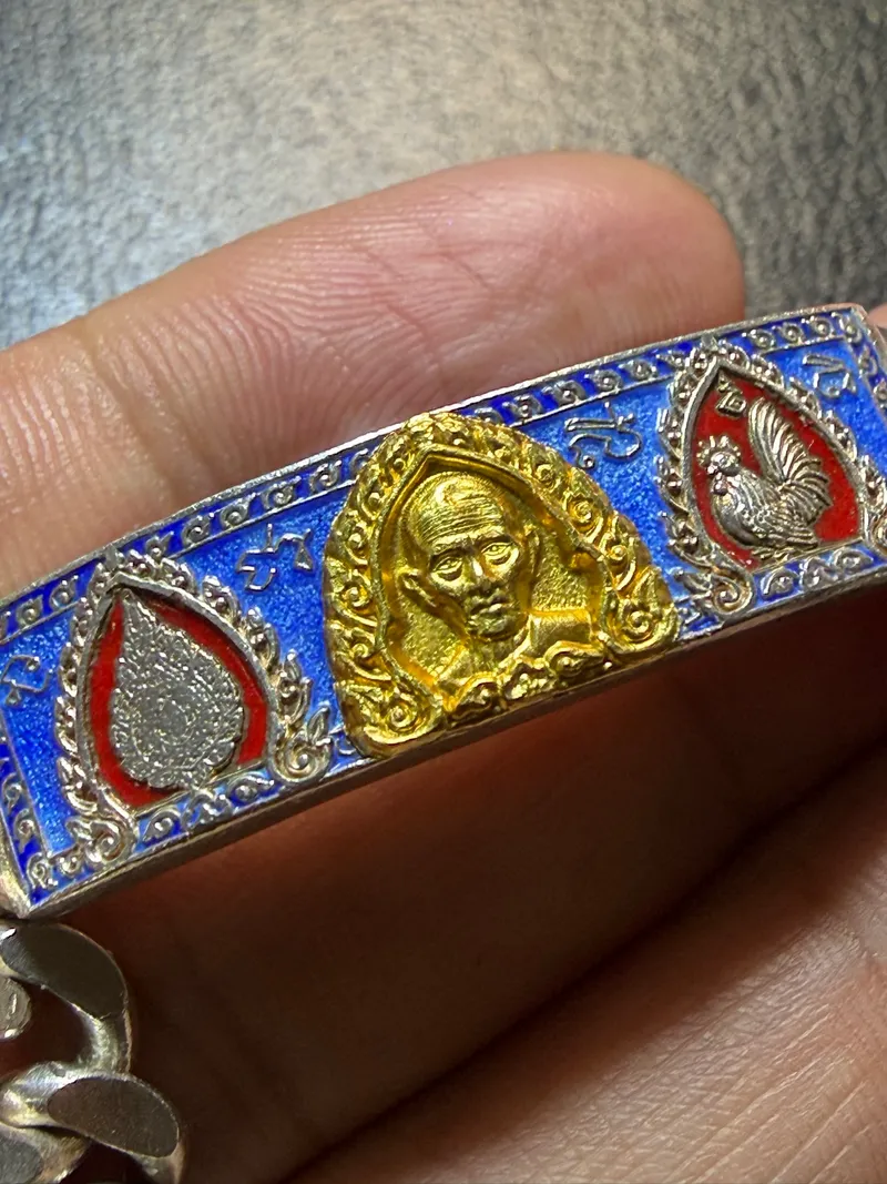 Luang Phor Ruay · Promotion Commemorative Bracelet (Run Luean Samanasak) · Enamelled Silver, Gold-Tone Portrait · Wat Tako B.E. 2559 — Certified KR07741 1